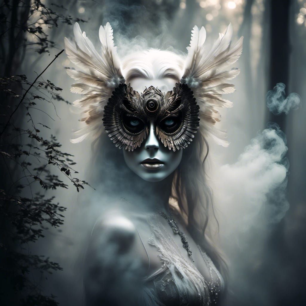 Ethereal Owl Mask Formed from Smoke in Forest