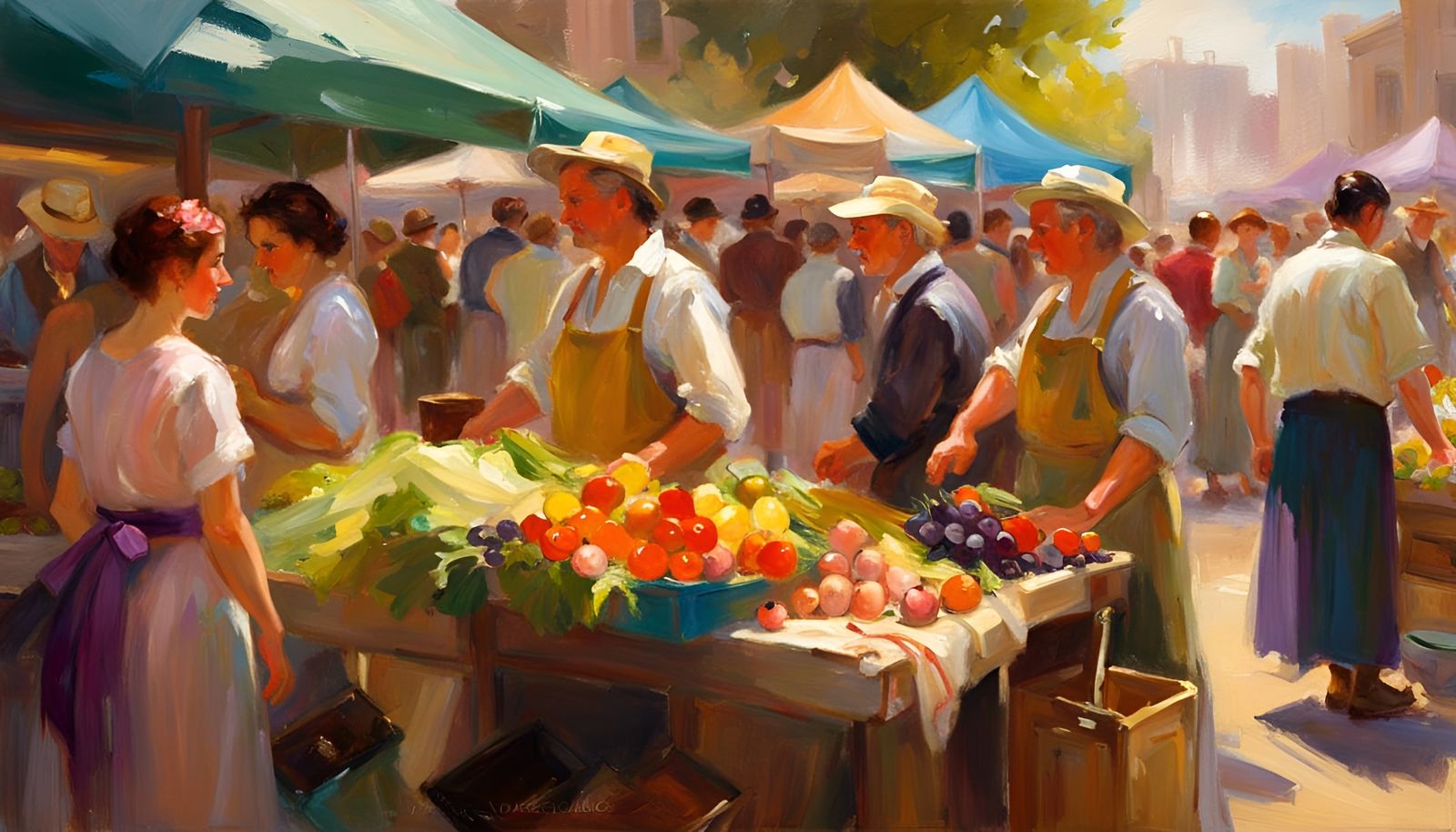Vibrant Farmers Market Painting in Impressionist Style