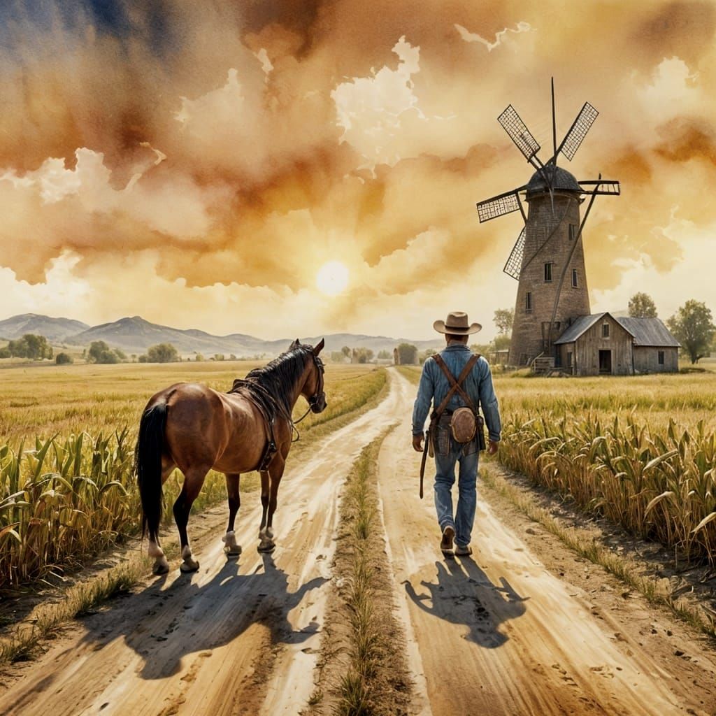 Watercolor Gunslinger and Horse in Cornfield