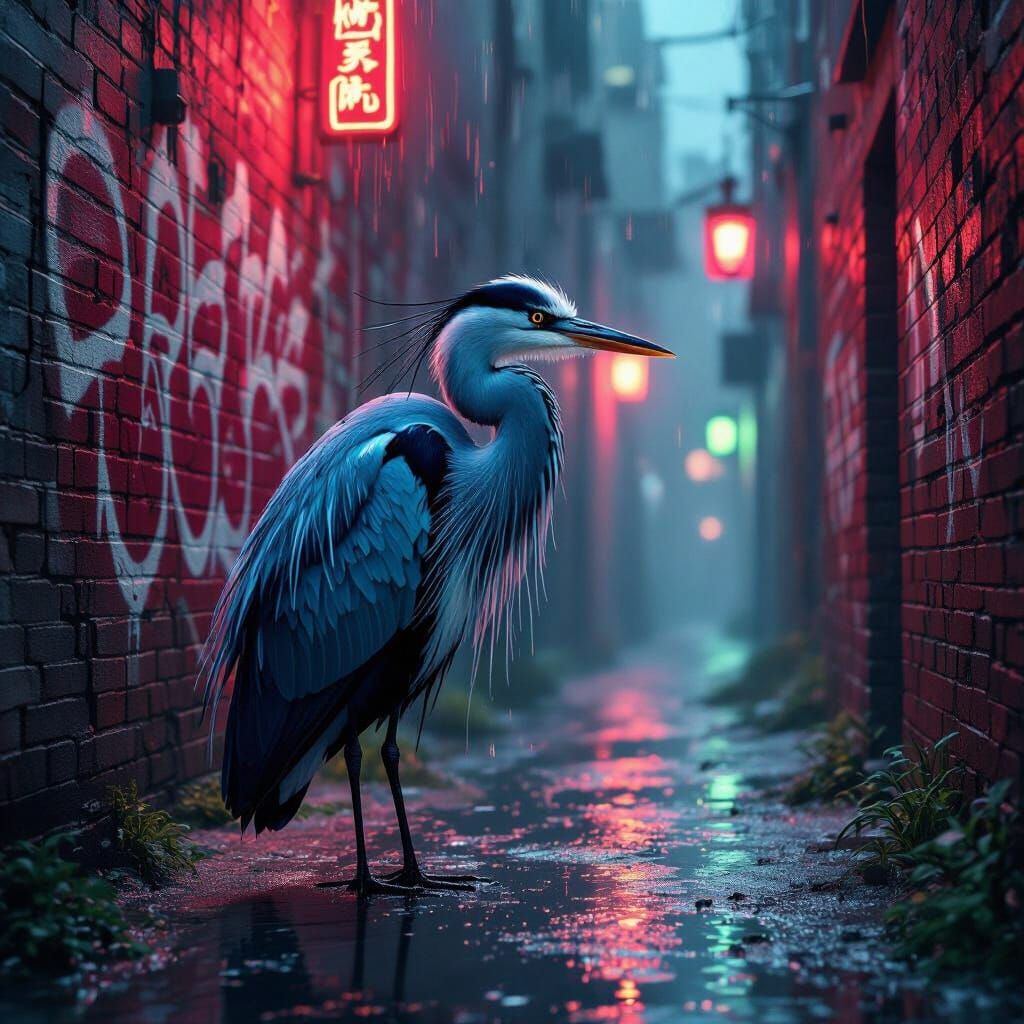 Ancient Luminescent Heron in Neon Alleyway Digital Painting