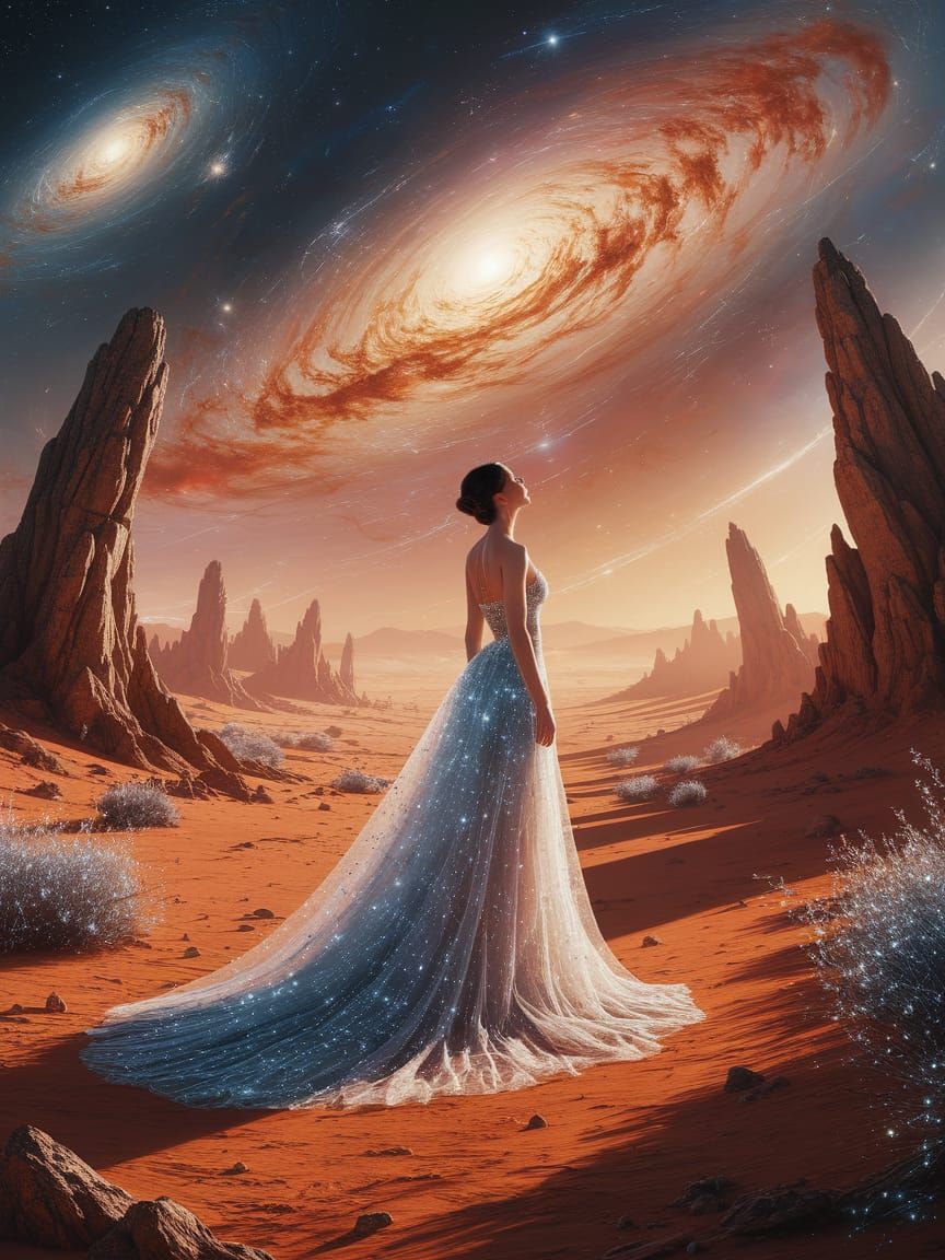 Solitary Woman Gazes at Galactic Sky on Alien Planet
