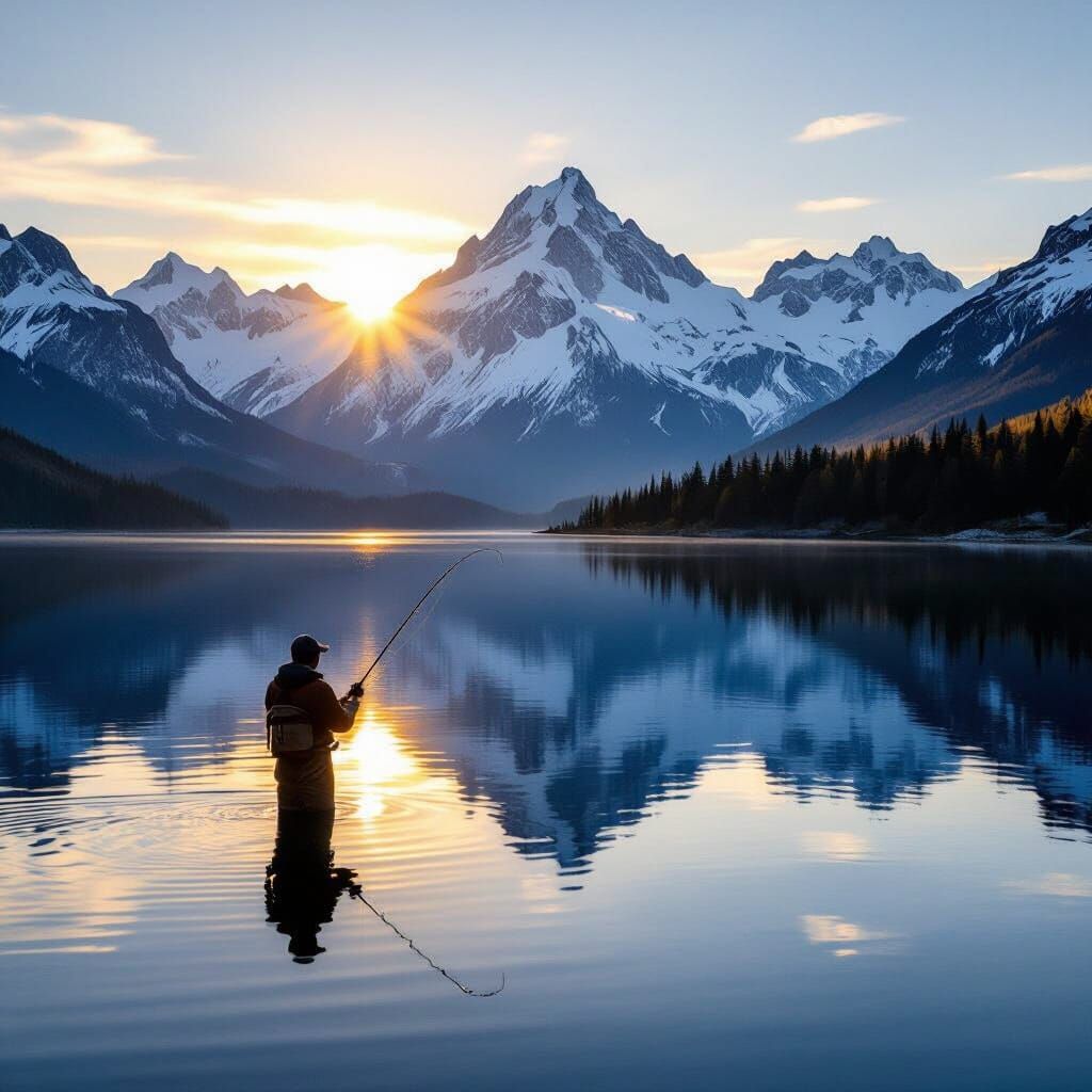 Alpine Lake Fisherman at Sunset: Photorealistic Scene