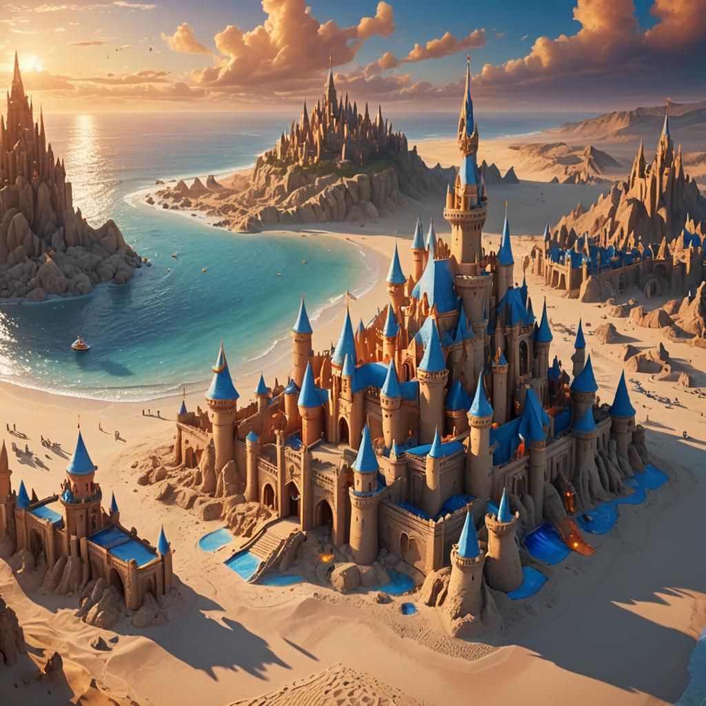 Majestic Sandcastle Kingdom at Sunset in Fantasy Art