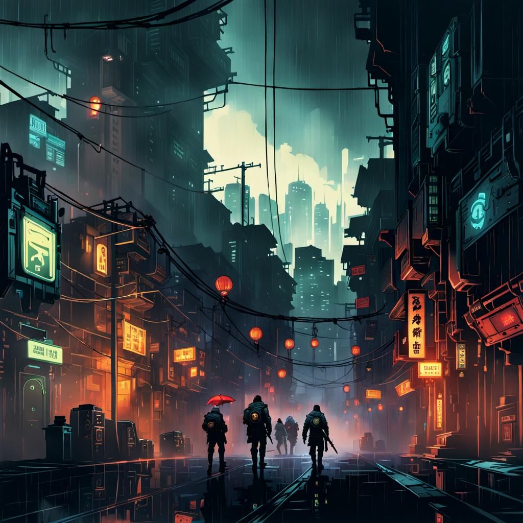 Rainy Cyberpunk Alley in Shadowrun Comic Style