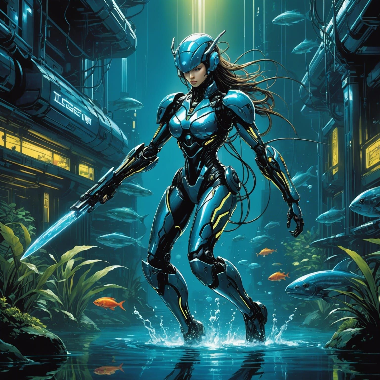 Art by Masamune Shirow, cyberpunk, a bioluminescent aquatic creature with cybernetic modifications, neon glow, swimming ...