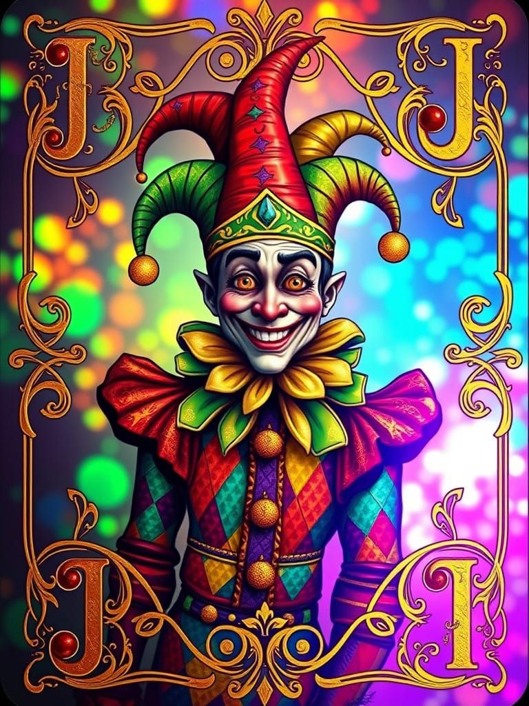 Whimsical Court Jester on a Dreamlike Playing Card in De La...