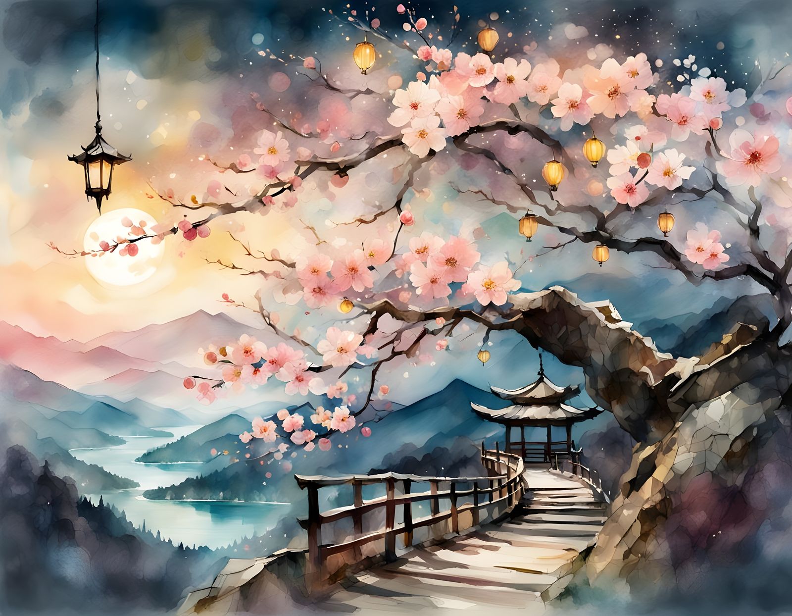 Serene Cherry Moonlit Asian Landscape