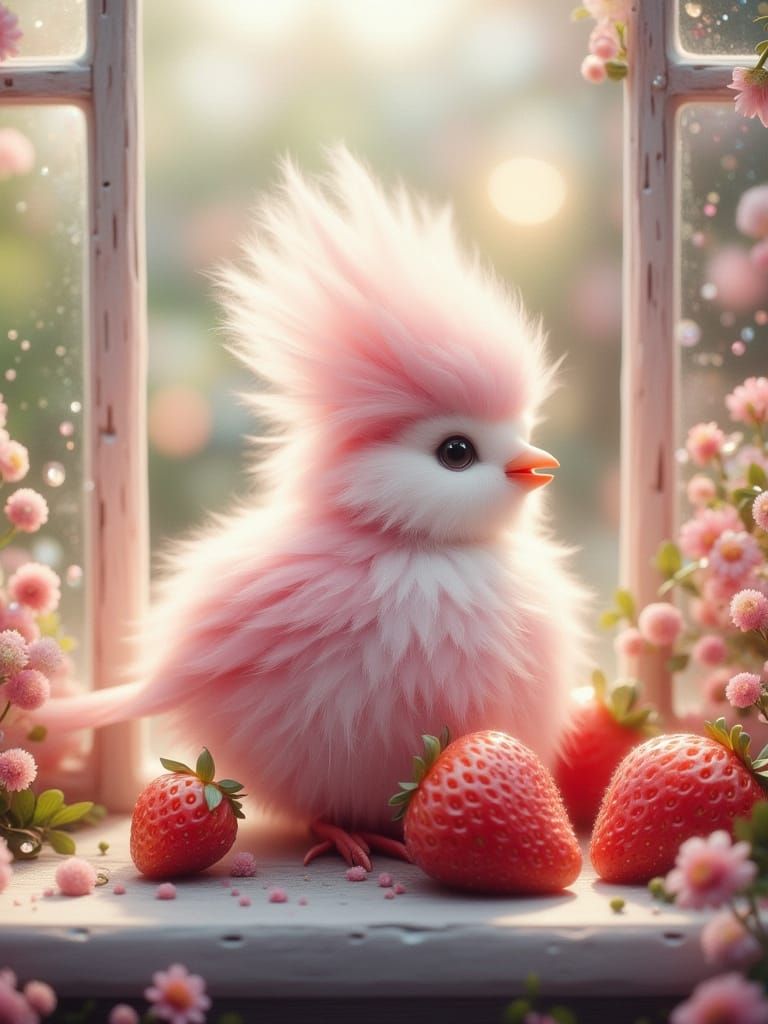 Pastel Kawaii Bird on Windowsill in Anime Style