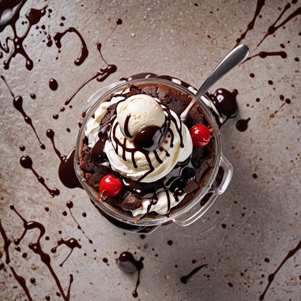 Appetizing Chocolate Brownie Sundae in Macro Photography