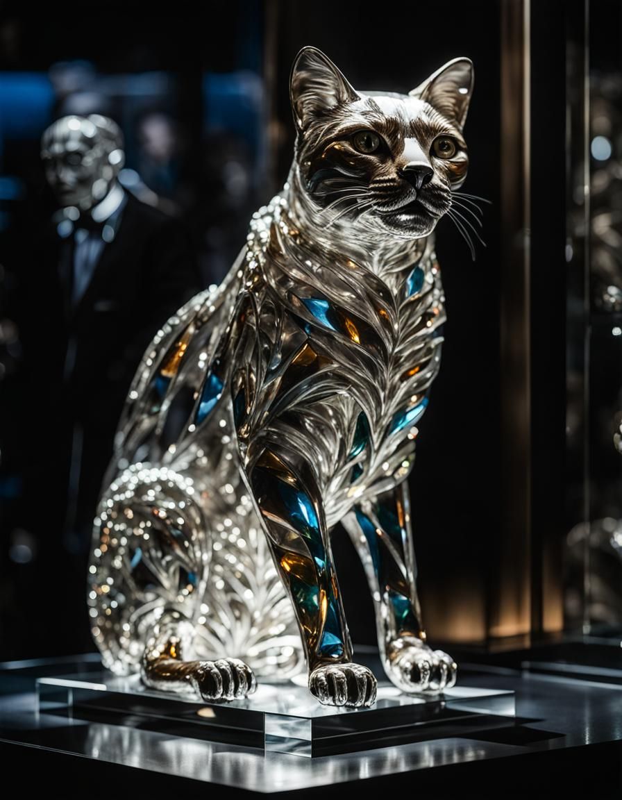 Elegant Glass Cat Sculpture in Museum Vitrine