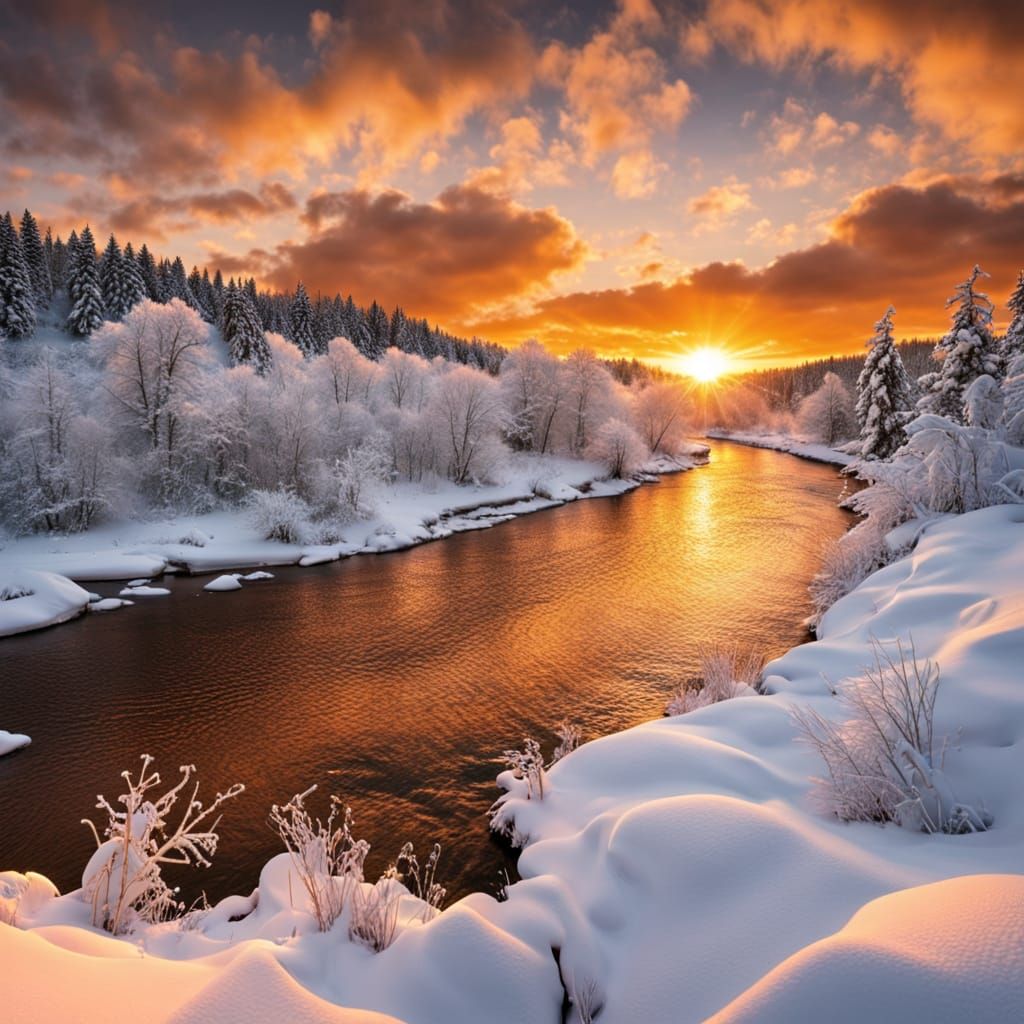 Winter Sunset Landscape with River Reflection