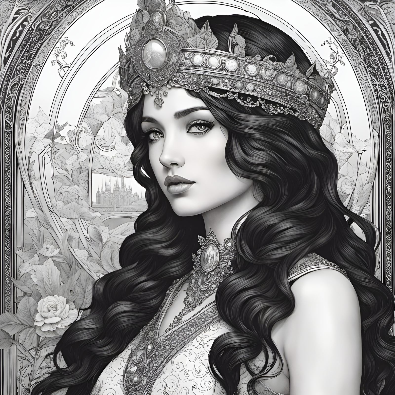 Fairytale Coloring Page in Alphonse Mucha Style