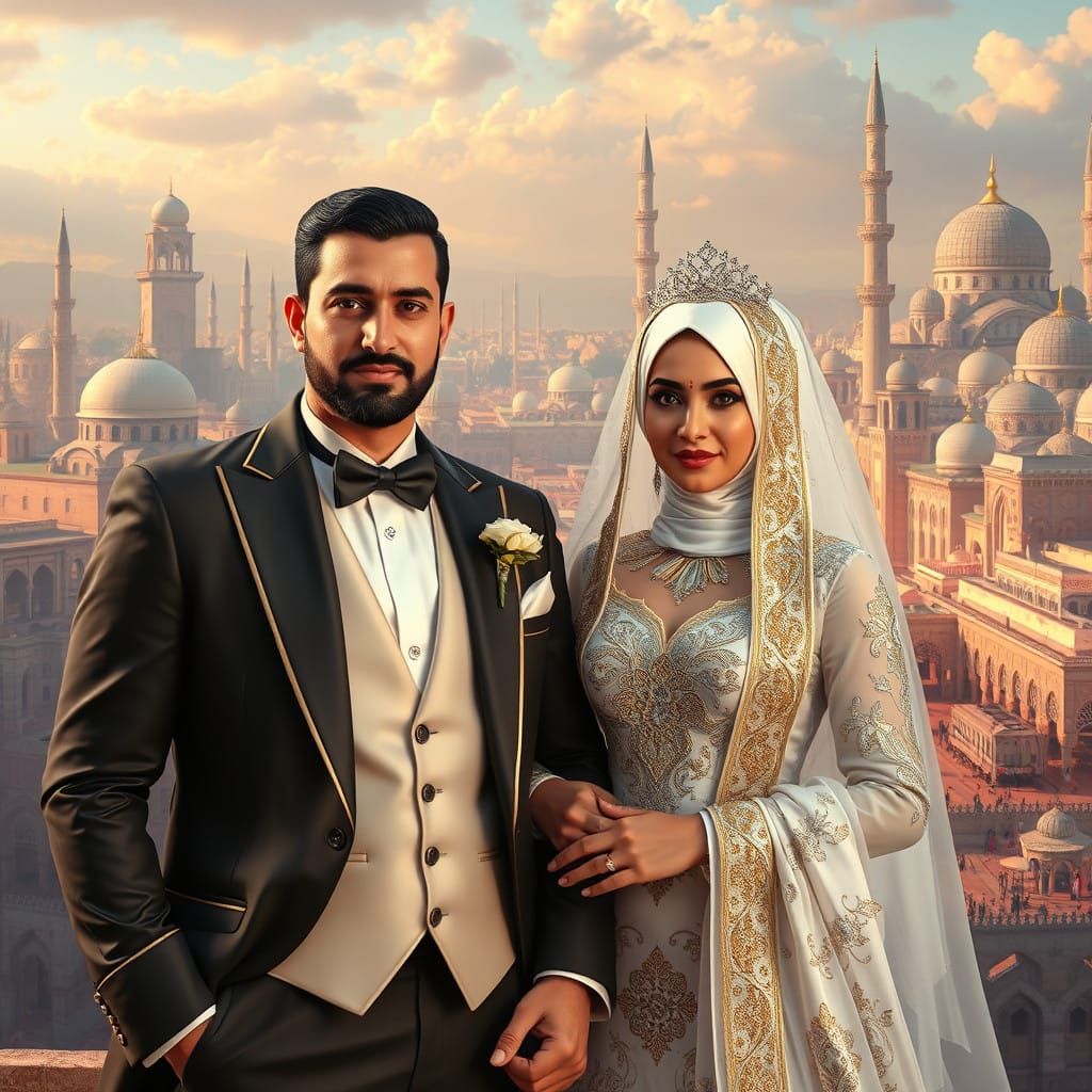 Middle Eastern Royal Wedding in Vibrant Fantasy Cityscape