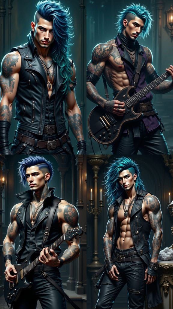 Muscular Tattooed Man with Blue Teal Mullet on Rock Magazine...