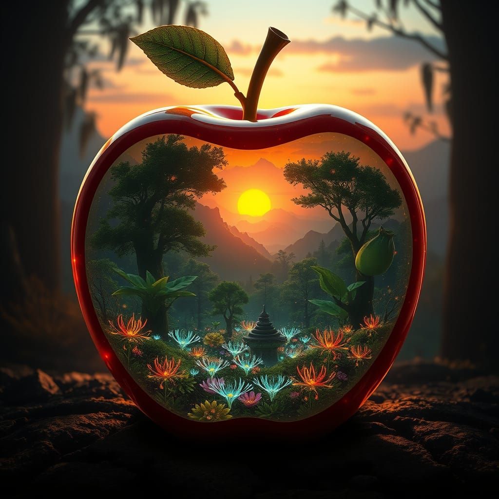 Bioluminescent World Inside Transparent Apple, Matte Paintin...