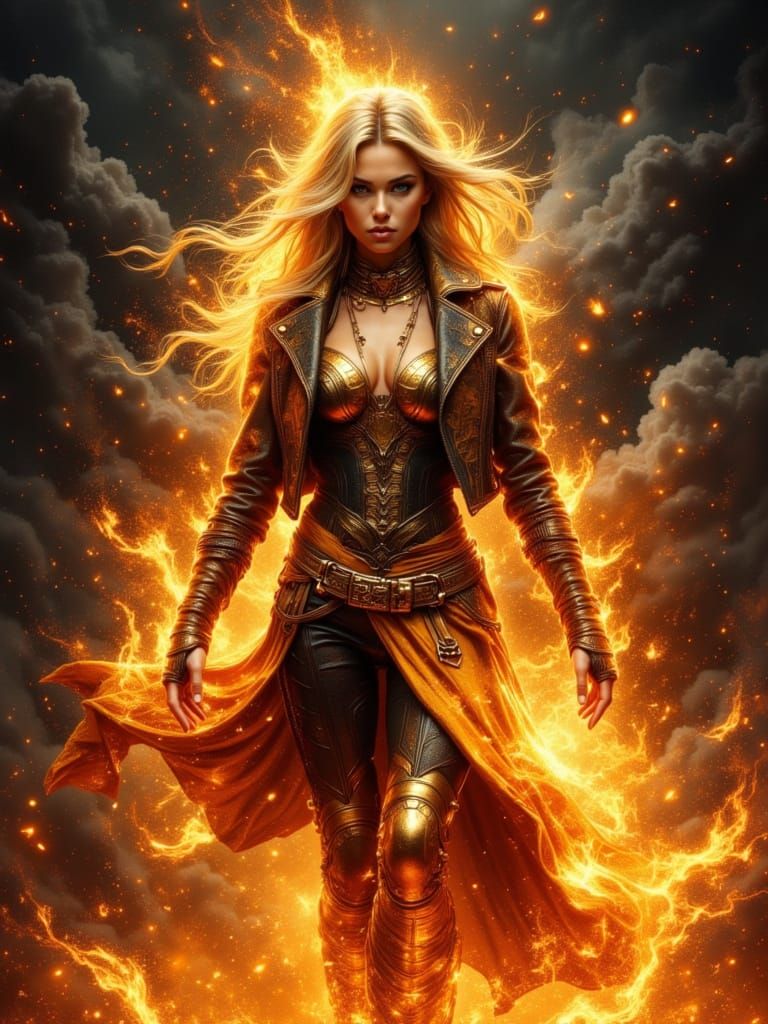 Glowing Female Warrior in Fiery Aura