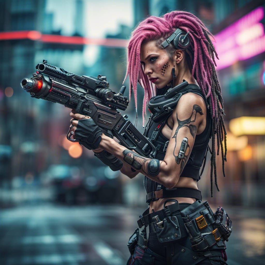 Cyberpunk Warrior Girl with Laser Gun in HDR