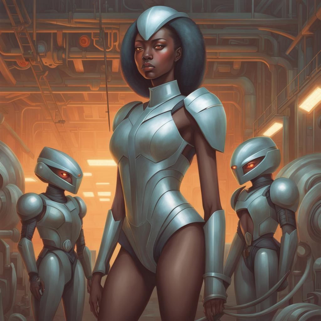 Biomechanical Nubian Goddess in Solarpunk Warehouse