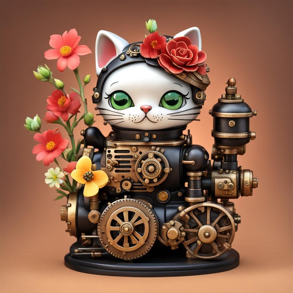 Steampunk Maneki Neko Betty Boop with Flowers