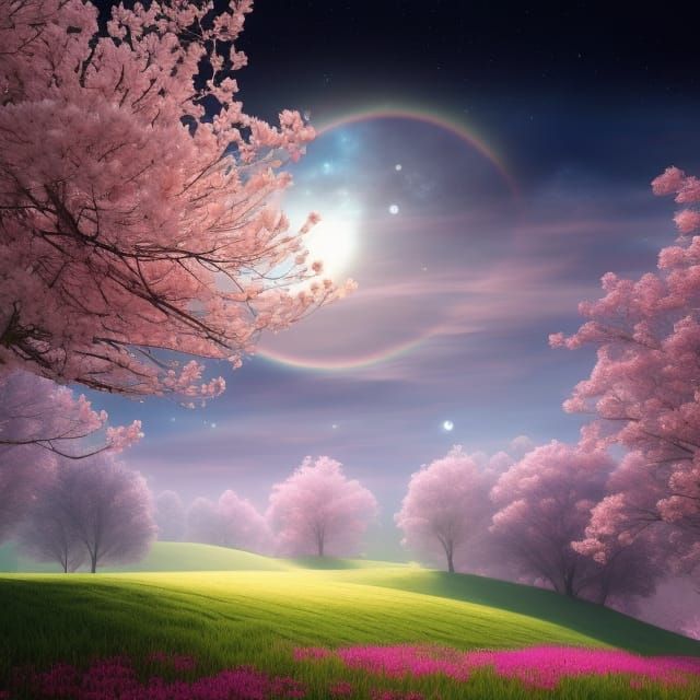 Dreamlike Camellias Bloom in Surreal Fantasy Landscape