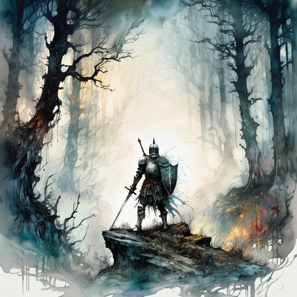 Knight in Ethereal Forest, Intricate Linework & Deep Colors