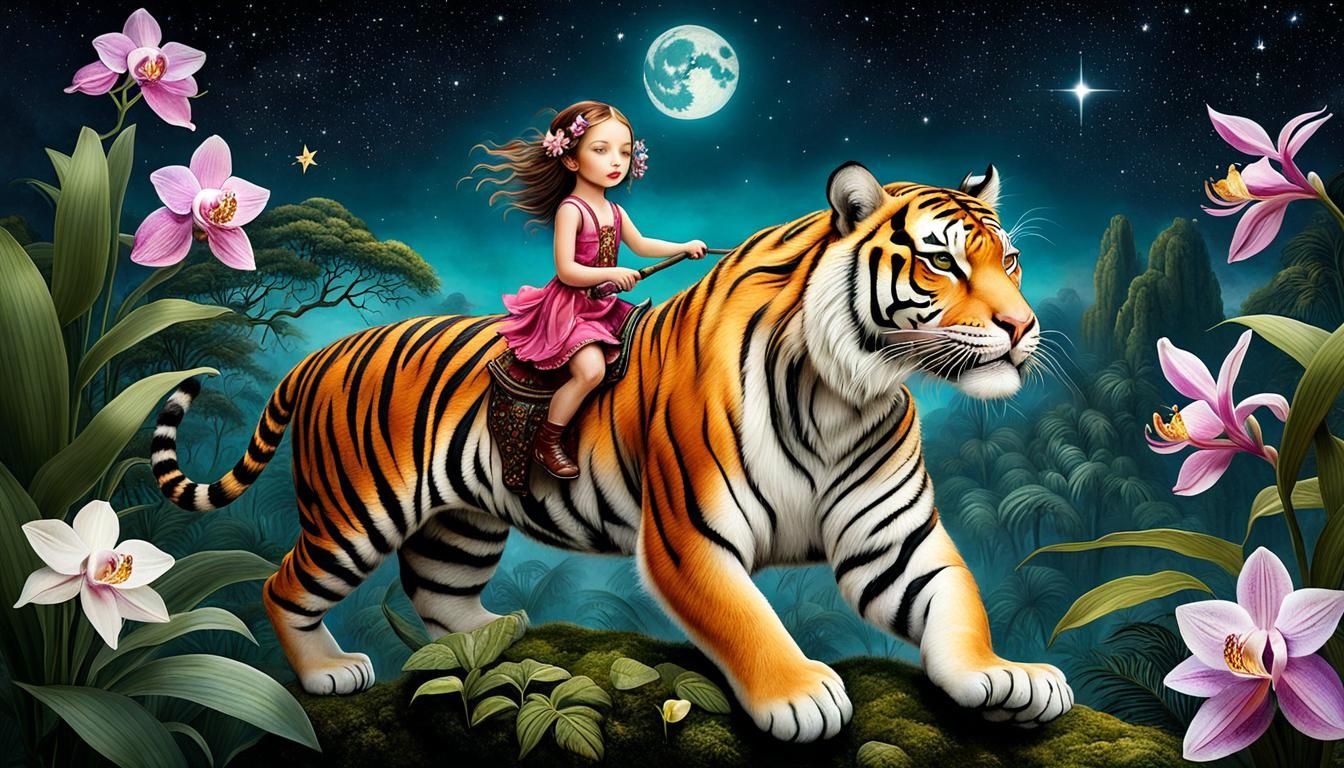 Girl Rides Tiger in Jungle Fantasy Art