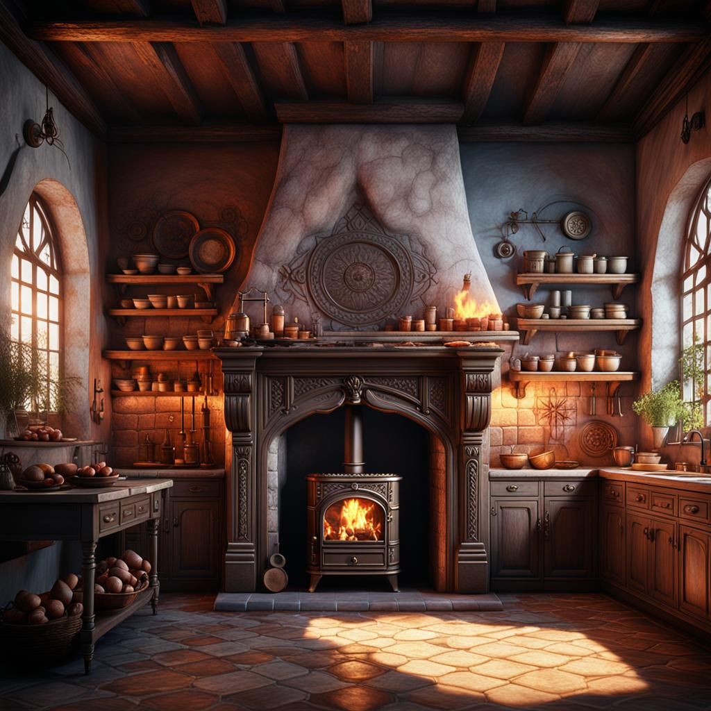 Noble Kitchen Fireplace in Detailed Matte Painting