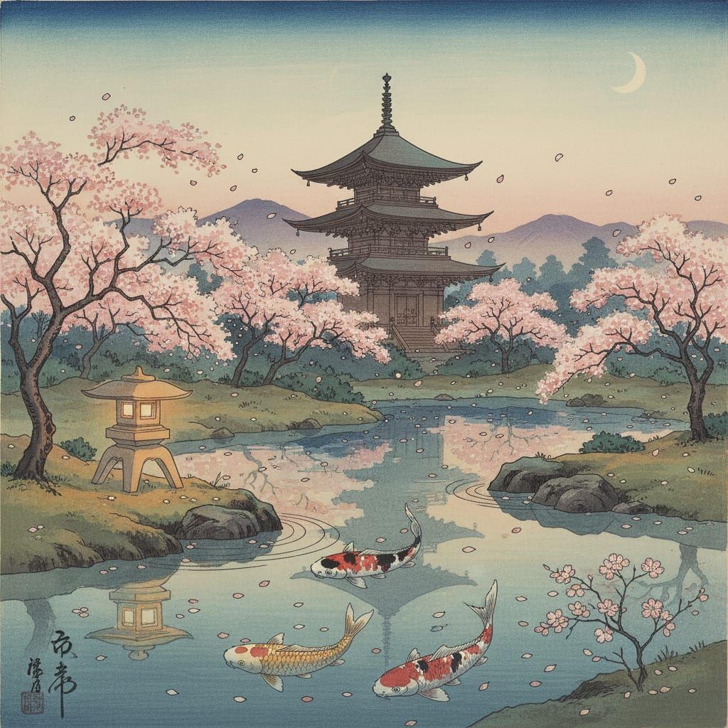 A serene Japanese garden at dusk, with cherry blossoms gentl...