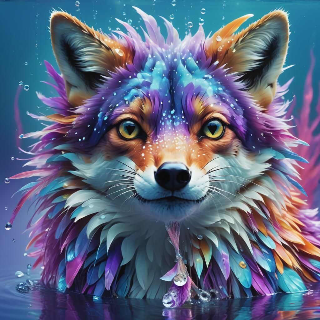 Mythical Fox with Pelican's Head Dives into Neon Waters