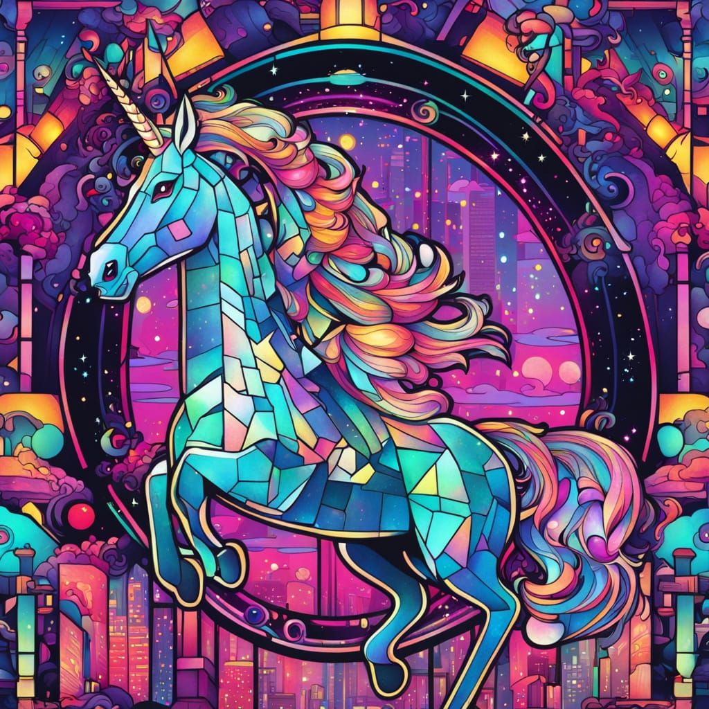 Mystic Neon Unicorn Stampede in Cyberpunk Megacity