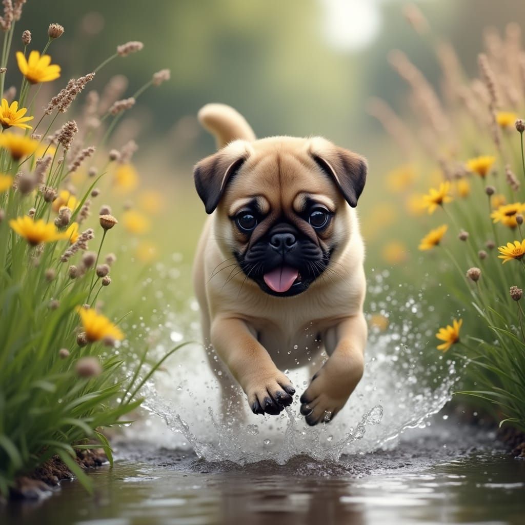Pug's Joyful Romp Through Floral Stream