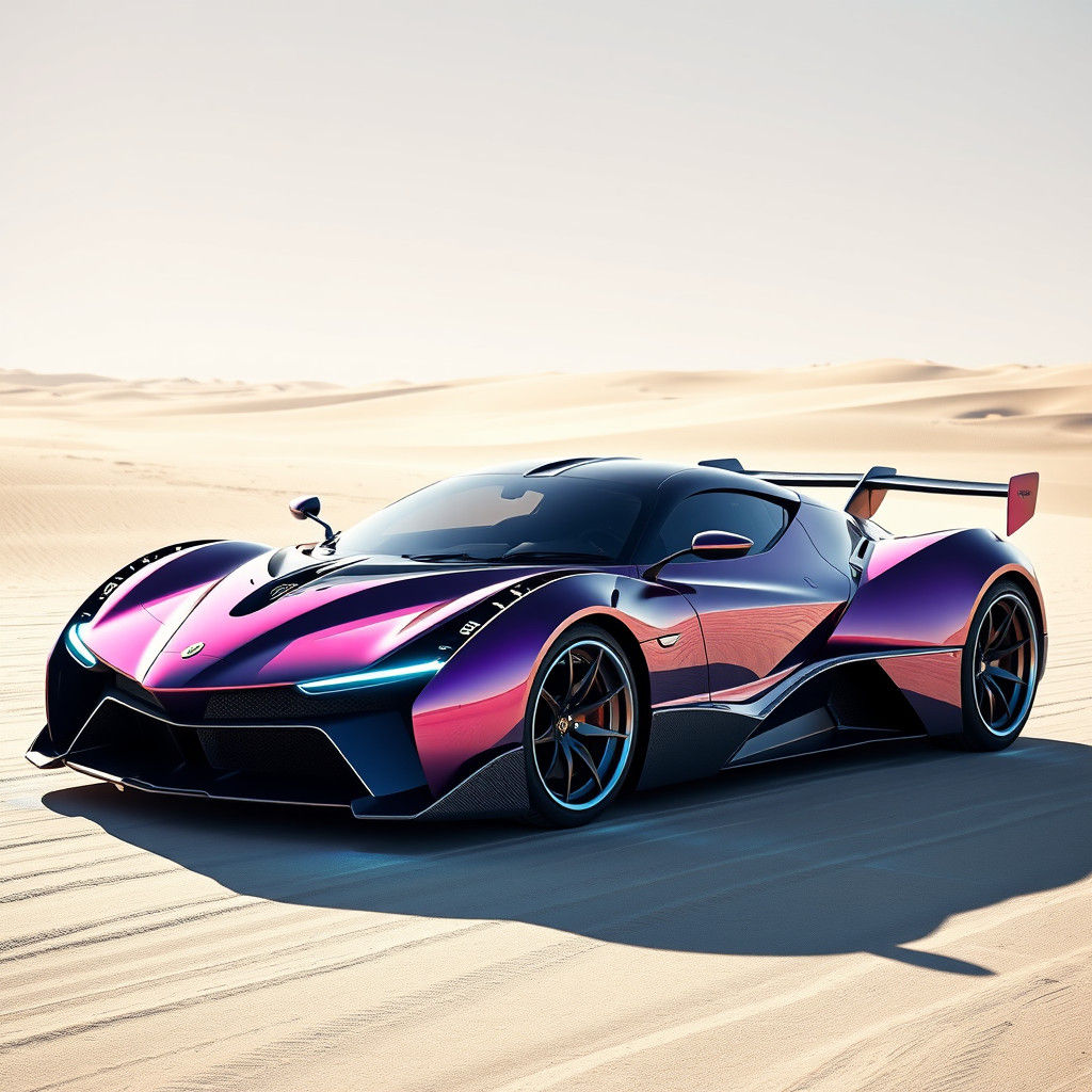 Cyberpunk Supercar in Desert Landscape, Futuristic Design