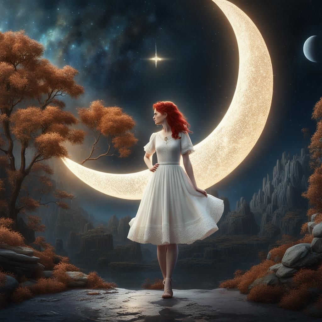 Redhead on Crescent Moon in Sparkling Star Space