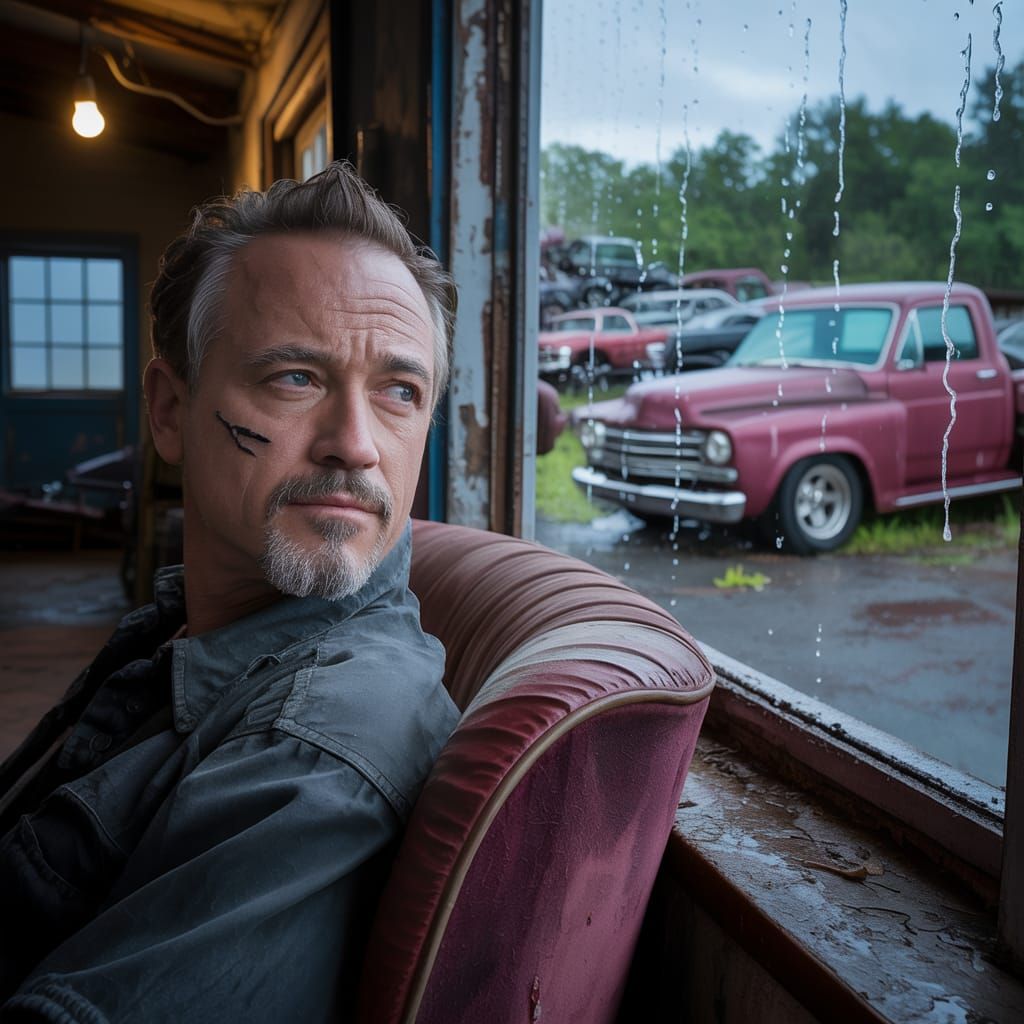 Biker Gazing at Rainy Junkyard in Cinematic Portrait