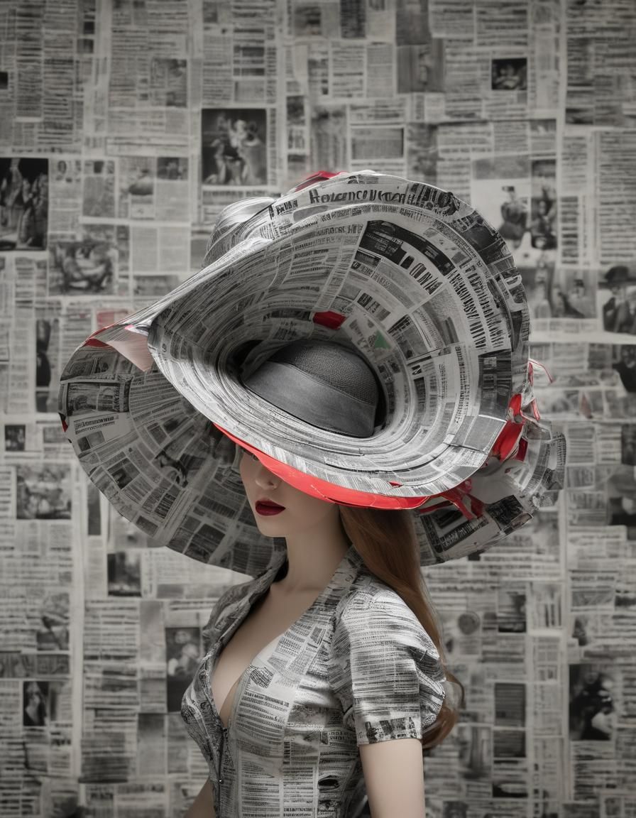 Elegant Model in Newspaper Hat, Red Colorsplash