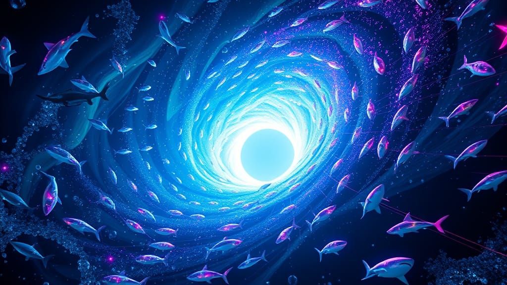 Cosmic Shark Vortex in Neon-Infused, Hyperrealistic Style