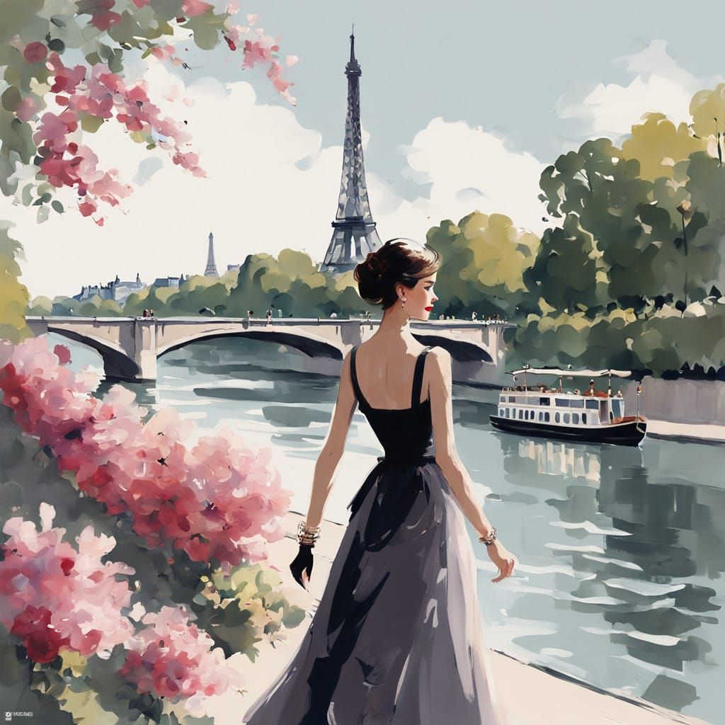 Parisian Chic Elegance - Elegant Woman Strolling Along Seine...