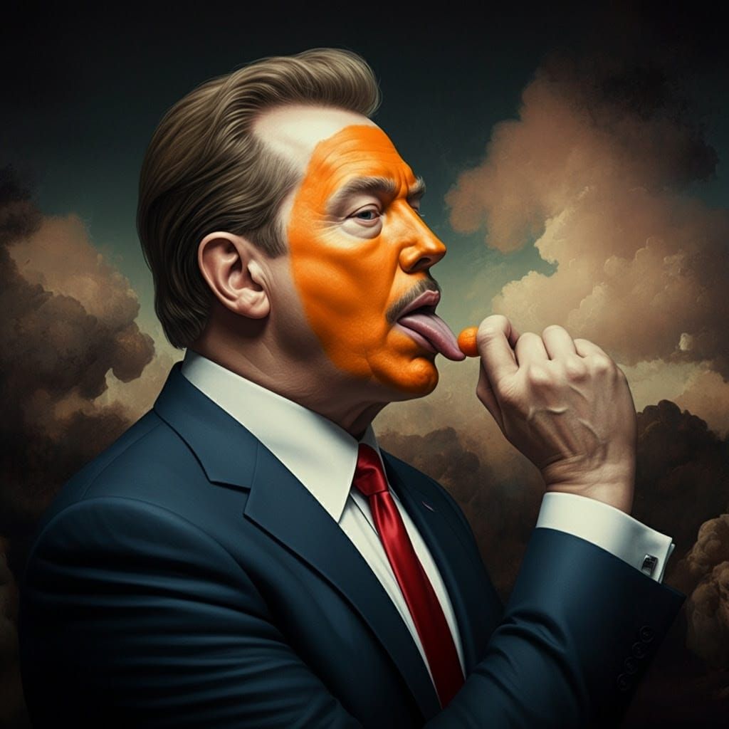 Surreal Scene: Licking Orange off Trump's Face