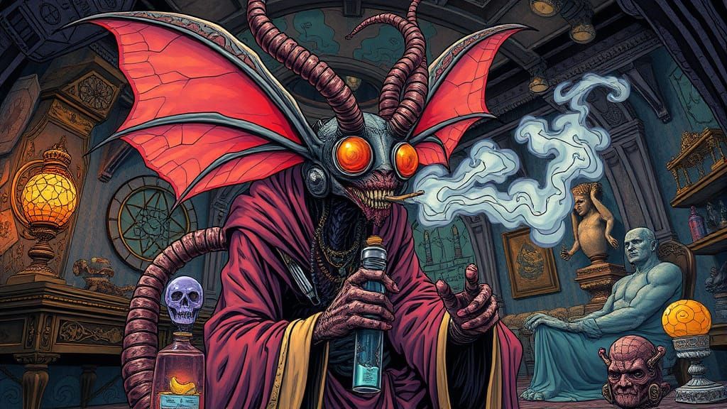 Insectoid Demon Smoking in Surreal Gothic Cavern