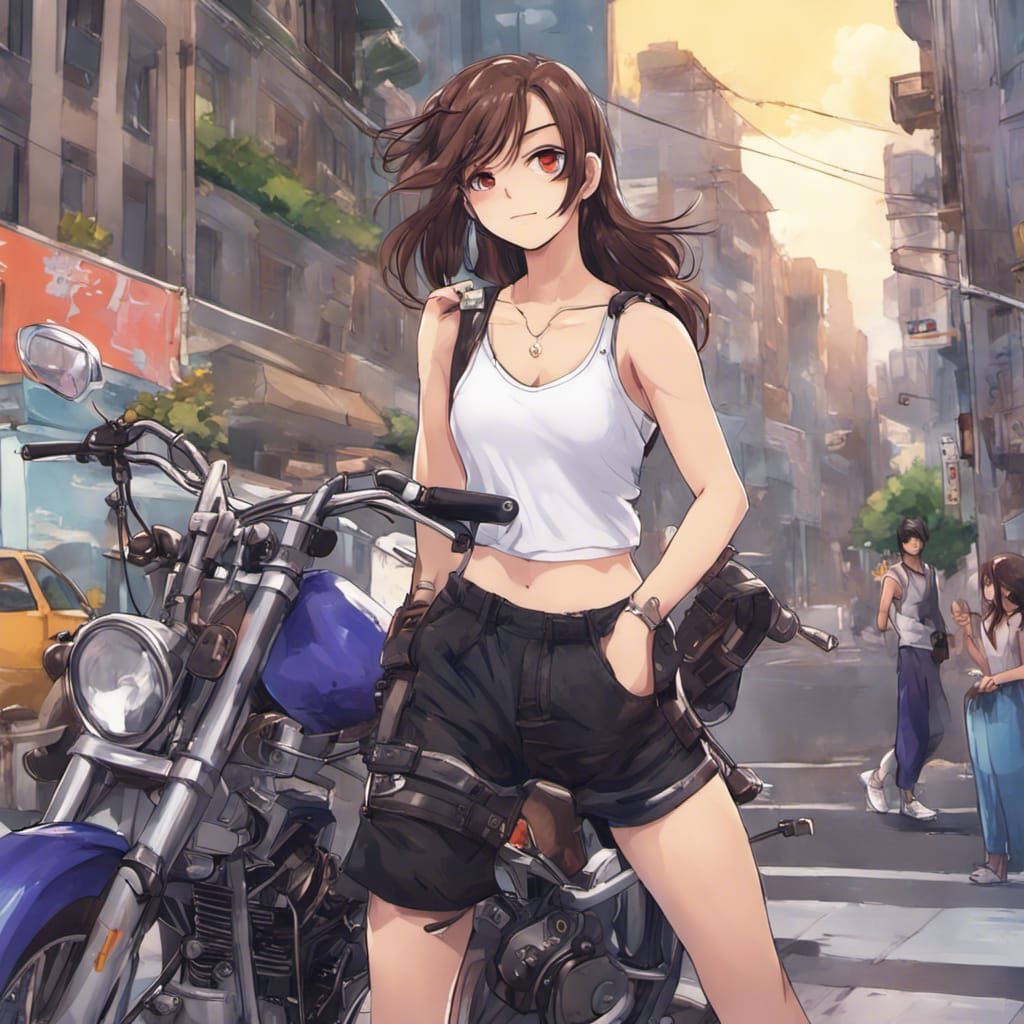 Anime Style Woman with Motorcycle in City