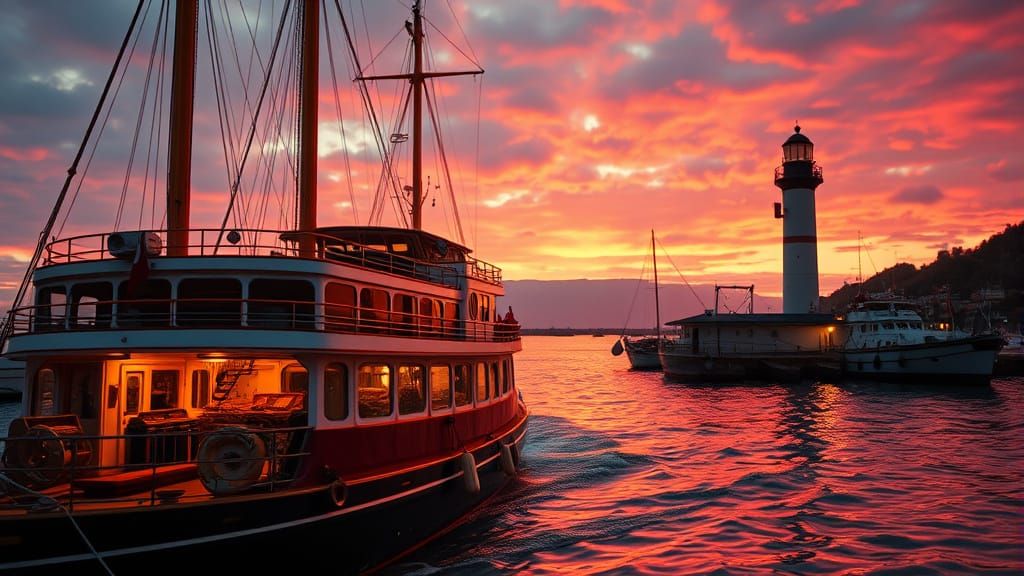 Elegant Gold Vessel Enters Seaside Town at Dusk