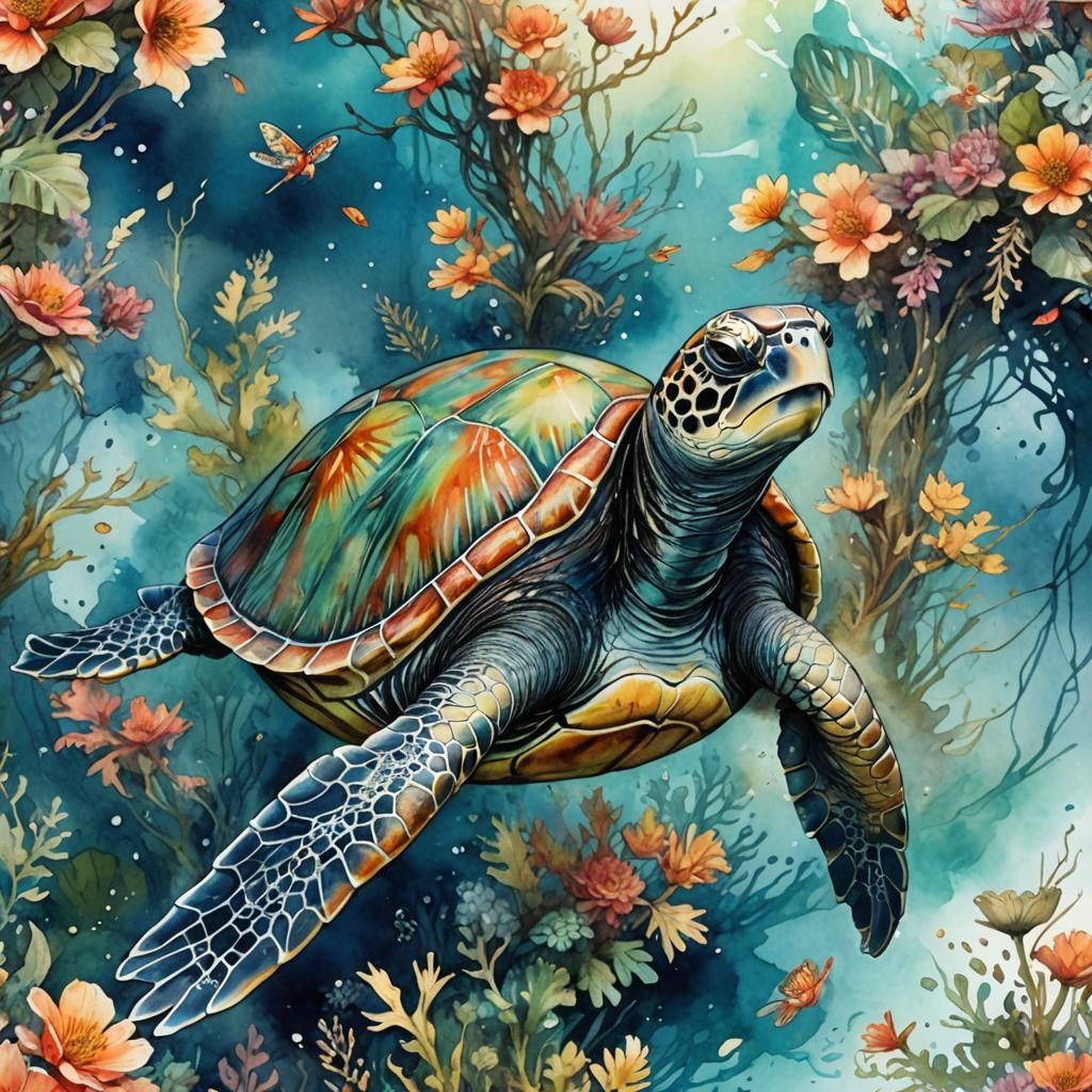 Fantasy Watercolor Sea Turtle Illustration