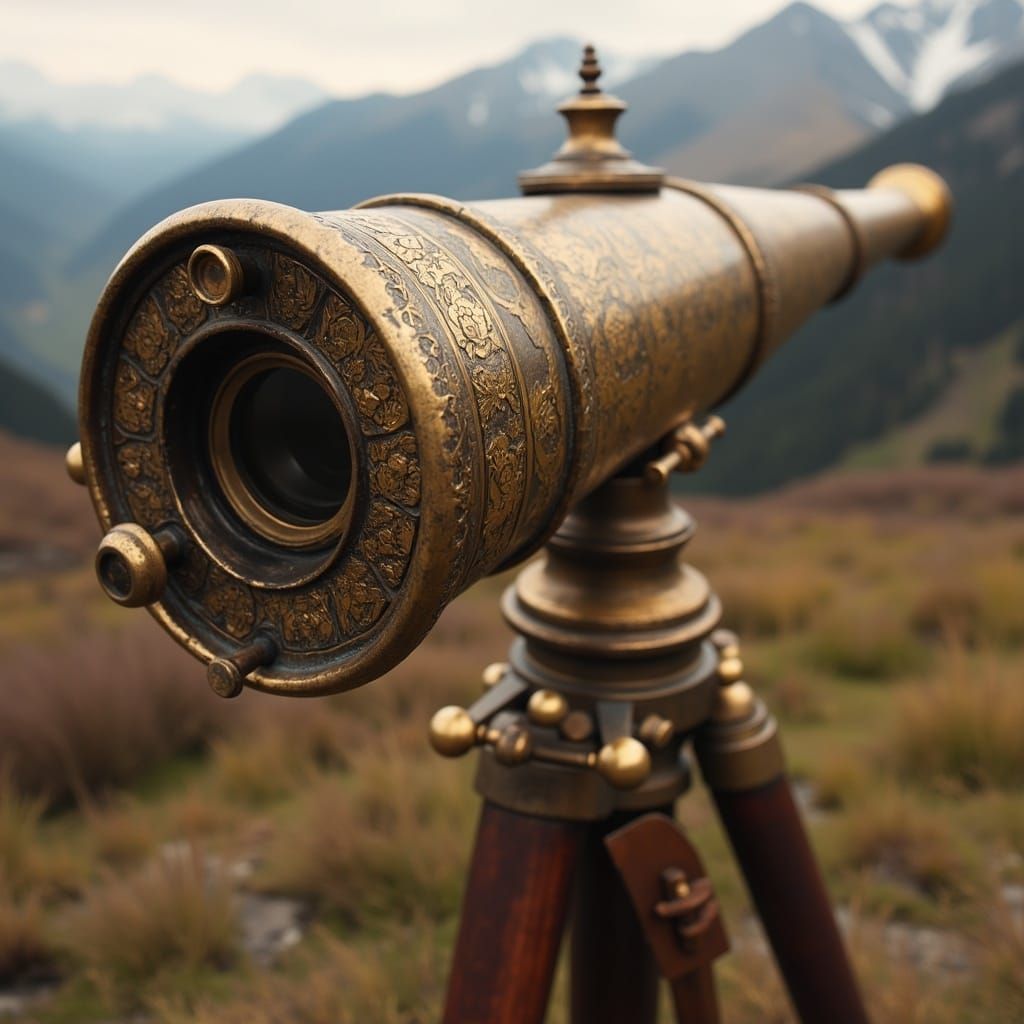 Antique Brass Telescope on Wooden Tripod in a Faded Cinemati...