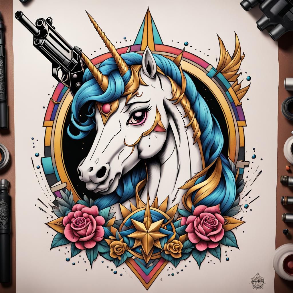 Unicorn with a Gun Tattoo Flash Sheet in Blackwork