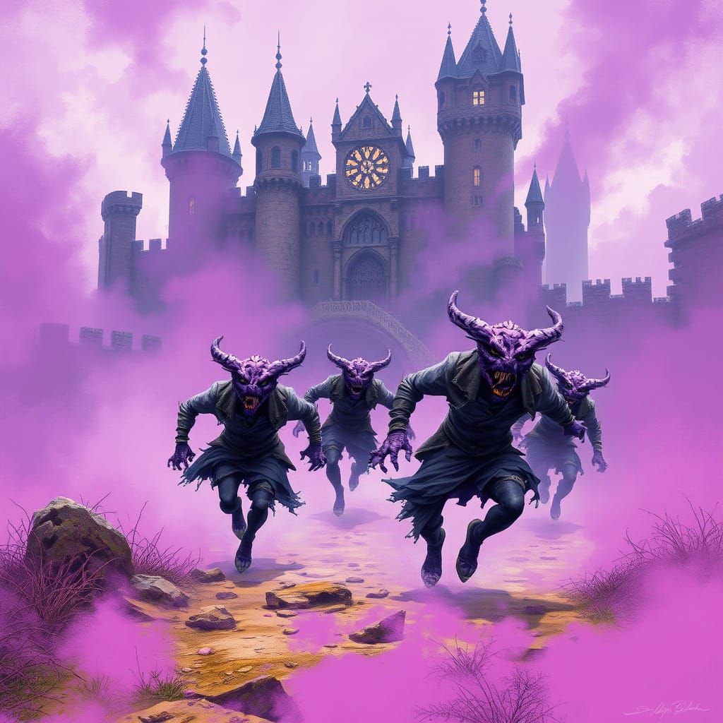 Purple Monsters Flee Castle in Eerie Digital Painting