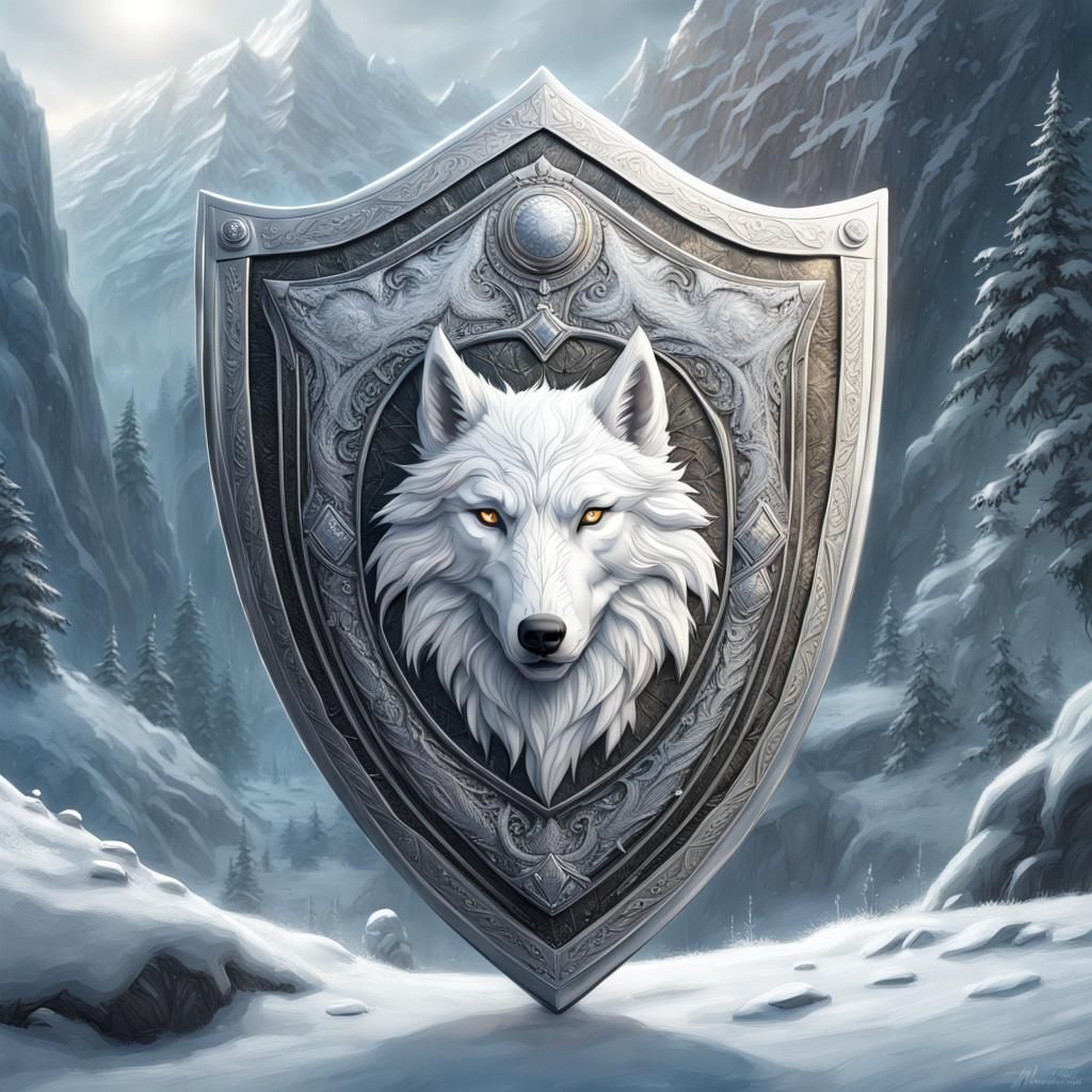 Majestic White Wolf Shield in Winter Landscape