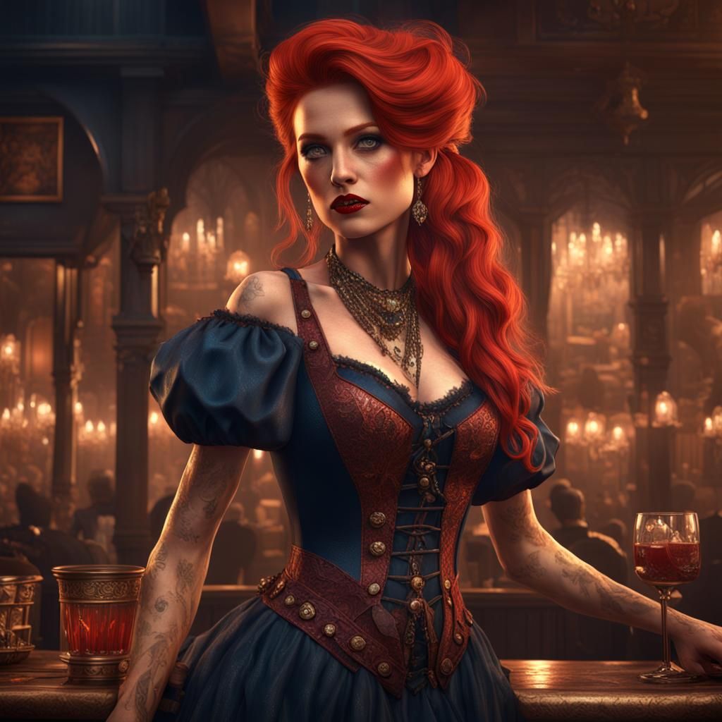 Red-Haired Saloon Girl: Detailed Fantasy Art