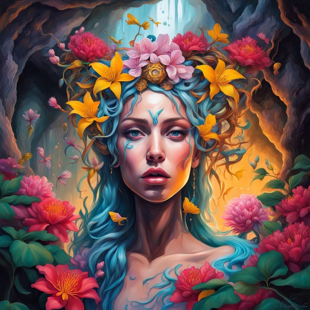 Goddess in Cave with Flowers, Graffiti Art