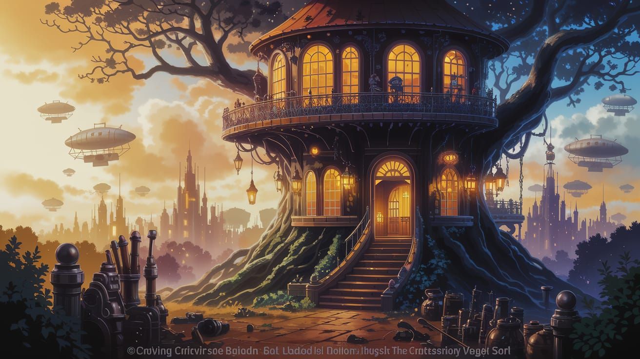 Anime Steampunk Treehouse Cityscape with Airships