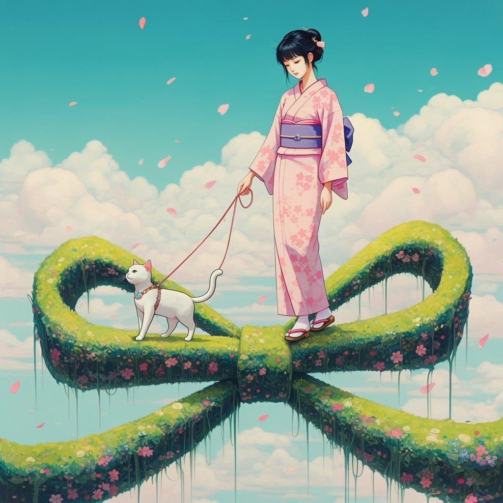Japanese Woman and Cat on Surreal Path